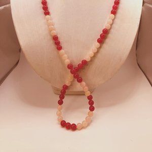 RED AND PINK JADE BEAD NECKLACE  32" LONG WITH 14K BEAD CLASP